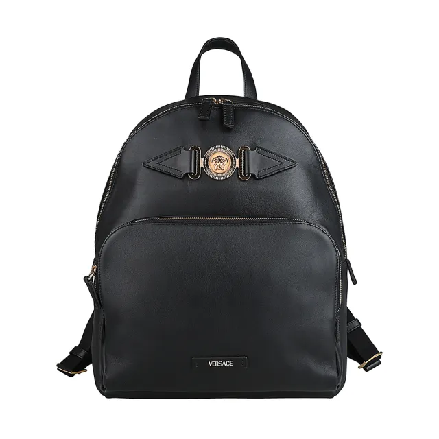 【VERSACE 凡賽斯】VERSACE BIGGIE鍍金美杜莎LOGO小牛皮內襯帆布拉鍊後背包(黑)