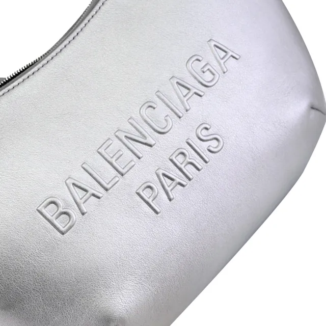 【Balenciaga 巴黎世家】MARY KATE 簡約LOGO柔軟牛皮手提包彎月包肩背包(銀)