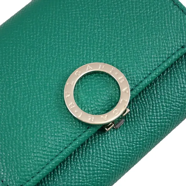 【BVLGARI 寶格麗】簡約金屬圓釦LOGO撞色牛皮三折零錢短夾(綠)