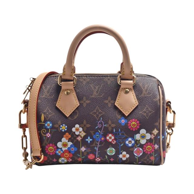 LV LOUIS VUITTON路易威登 M14175 x TM Speedy 聯名系列小花圖騰帆布牛皮飾邊手提/肩背包