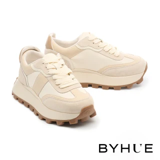 【BYHUE】日常百搭LOGO異材質綁帶軟芯厚底休閒鞋(米)