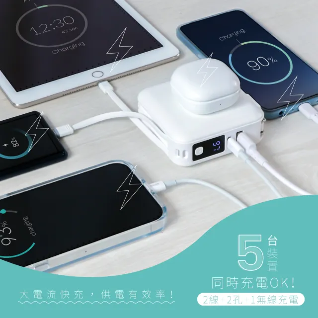 【KINYO】WH標示 12000mAh 20W快充  7 in 1自帶線+AC插頭磁吸行動電源(KPB-2650 Type-C/蘋果/無線充)