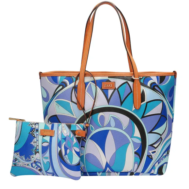 【EMILIO PUCCI】真皮 幾何印花牛皮飾邊子母包(真皮包包 中-松石綠-附萬用小袋41BE15-4122