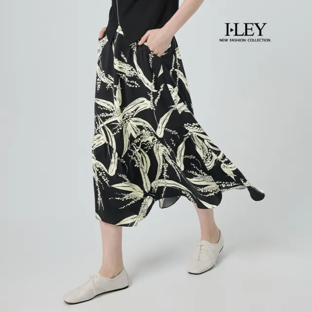 【ILEY 伊蕾】熱帶樹林印花A字中長裙(黑；M-XL；1252012271)