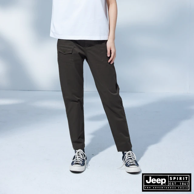 【JEEP】女裝 造型口袋彈性休閒長褲(棕色)
