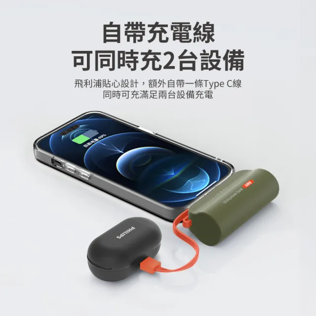 【Philips 飛利浦】超值2入組-DLP2550-4900mAh 10W Lightning+TypeC直插自帶線口袋行動(電量顯示/支架)