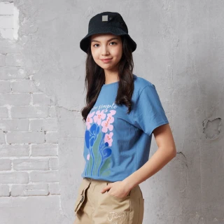【JEEP】女裝 花卉塗鴉純棉短袖T恤(藍色)