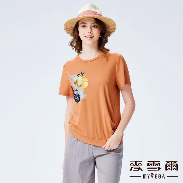 【MYVEGA 麥雪爾】涼感金屬光澤扶桑花抓皺上衣-咖啡