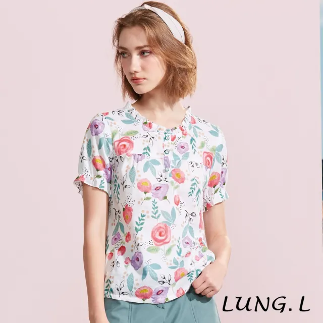 【LUNG.L 林佳樺】LR82A 白色底亮麗印花荷葉領棉質短袖女裝上衣(春夏新品)