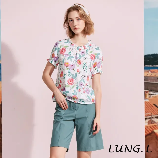 【LUNG.L 林佳樺】LR82A 白色底亮麗印花荷葉領棉質短袖女裝上衣(春夏新品)
