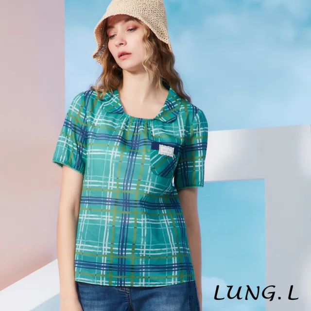 【LUNG.L 林佳樺】LS46A 藍綠色格紋小披領短袖棉質女裝上衣(春夏新品)