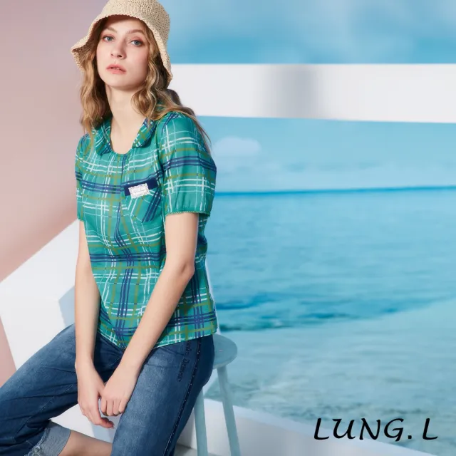 【LUNG.L 林佳樺】LS46A 藍綠色格紋小披領短袖棉質女裝上衣(春夏新品)