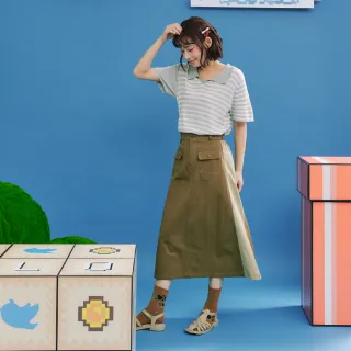 【Dailo】樂高感配色拼接顯瘦中長裙(綠 咖 駝)