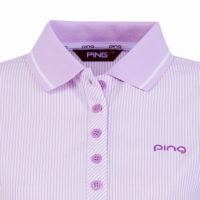 【PING】女款直條紋涼感短袖POLO衫-桃紅(日本素材/防皺/GOLF/高爾夫球衫/RA25101-16)