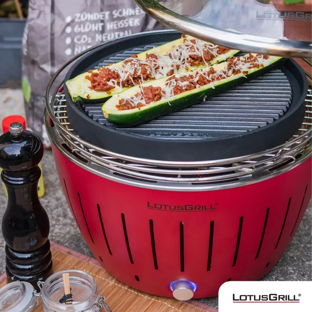 【LotusGrill】德國無煙木炭烤肉架/爐七件組 烤爐+炙燒烤盤+烘罩+腳架+夾刷炭(G340 共6色)