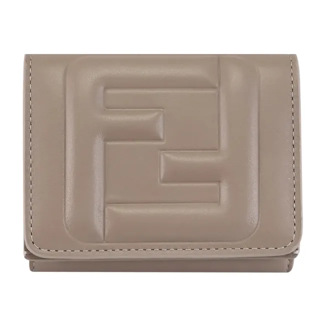 【FENDI 芬迪】經典雙F LOGO壓紋NAPPA皮革三折小零錢短夾(淺灰)