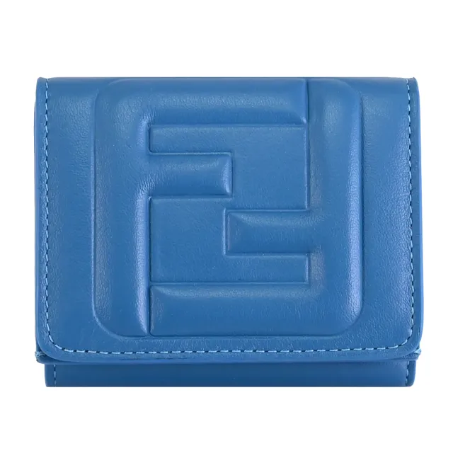 【FENDI 芬迪】經典雙F LOGO壓紋NAPPA皮革三折小零錢短夾(藍)