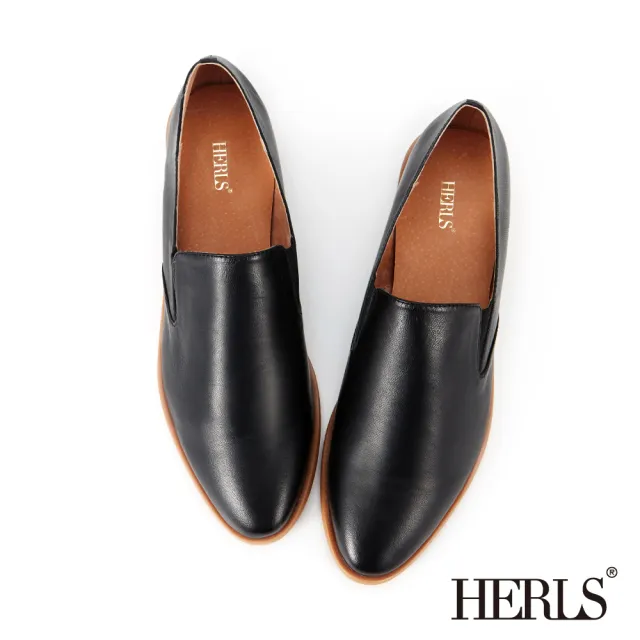 【HERLS】品味生活 全真皮素面橢圓頭樂福鞋(黑色)