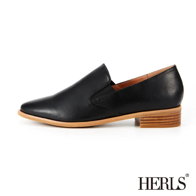 【HERLS】品味生活 全真皮素面橢圓頭樂福鞋(黑色)