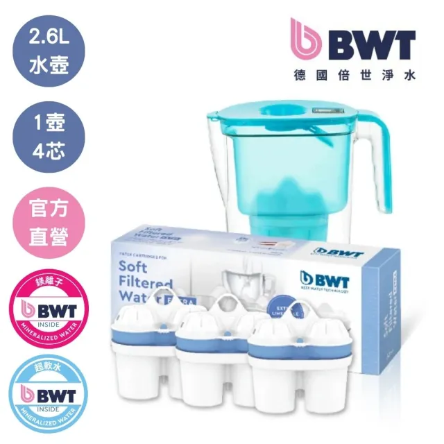 【BWT 德國倍世】2.6L VIDA樂樂濾水壺＋鎂離子1入＋超軟水3入(共1壺4芯)
