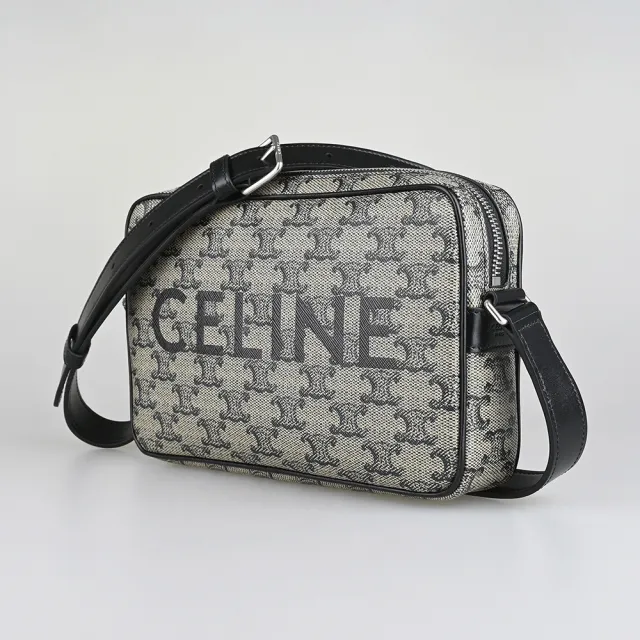 【CELINE】CELINE印黑字LOGO緹花帆布拉鍊肩背/斜背信差包(中/淺米x黑)
