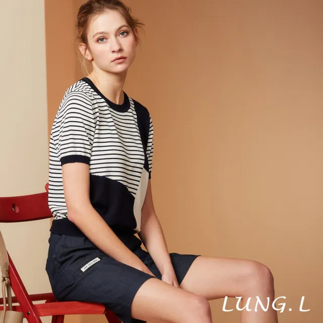 【LUNG.L 林佳樺】LS06E 深藍色二邊異造型五分仿牛仔短褲(春夏新品)
