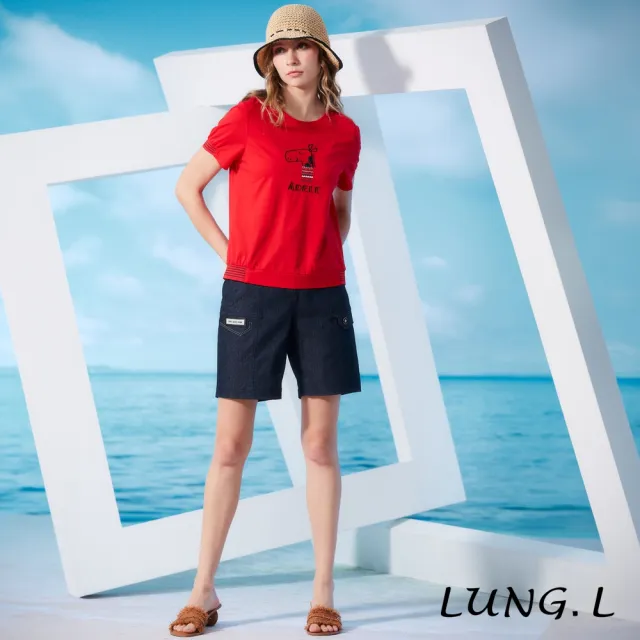 【LUNG.L 林佳樺】LS06E 深藍色二邊異造型五分仿牛仔短褲(春夏新品)