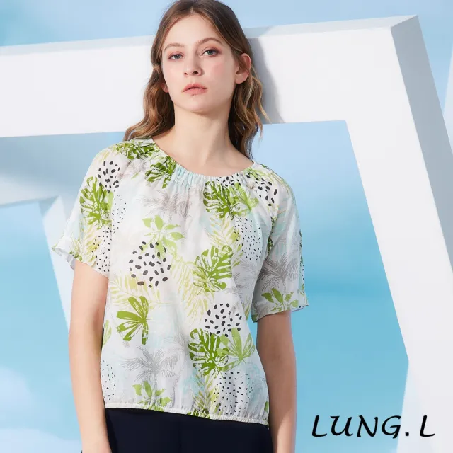 【LUNG.L 林佳樺】LR70A 白色底熱帶綠葉印花連袖棉質女裝上衣(春夏新品)