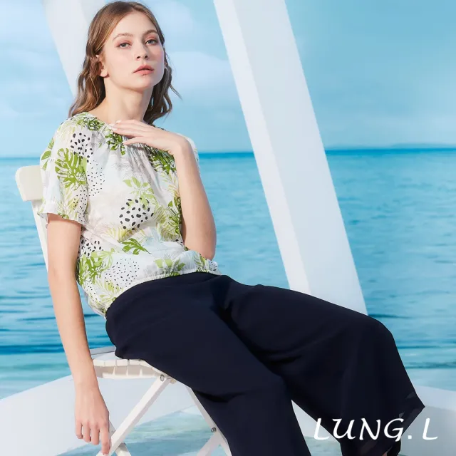 【LUNG.L 林佳樺】LR70A 白色底熱帶綠葉印花連袖棉質女裝上衣(春夏新品)