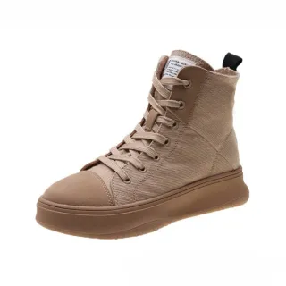 【E&B】個性質感帆布拼接舒適厚底短筒馬丁靴(卡其)