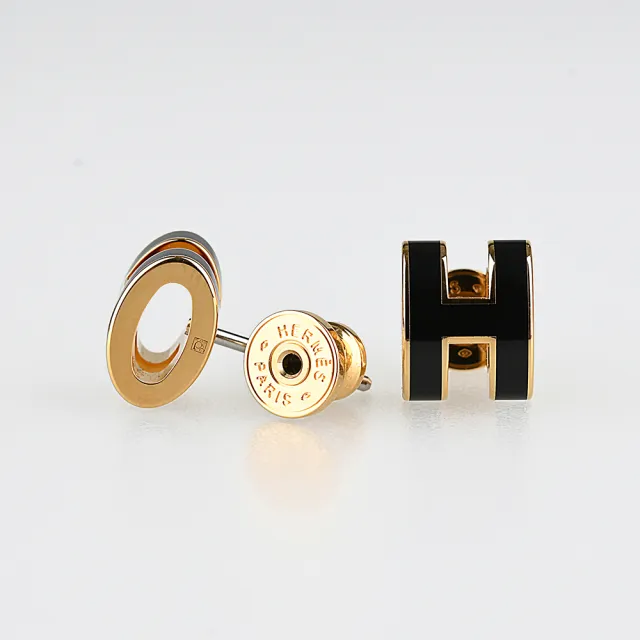 【Hermes 愛馬仕】Hermes MINI POP經典H字母造型針式耳環(黑x金)