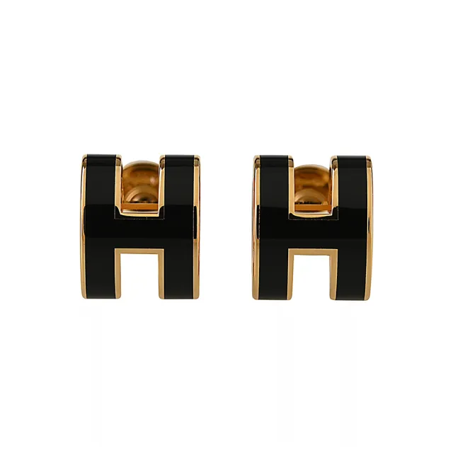 【Hermes 愛馬仕】Hermes MINI POP經典H字母造型針式耳環(黑x金)