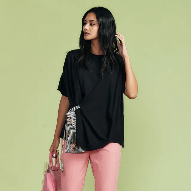 【ICHE 衣哲】Copine法式設計格紋印花拼接五分袖造型上衣