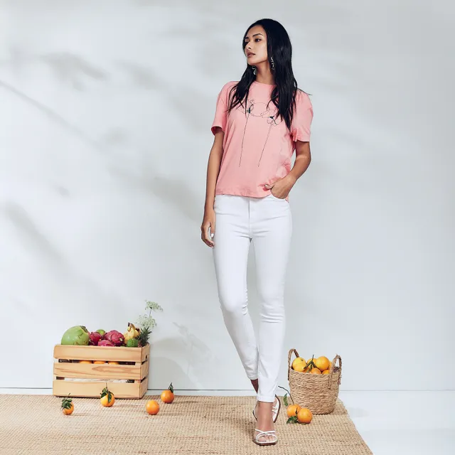 【ICHE 衣哲】Cop.Copine 法國原裝進口法式輪廓線花卉印圖蜜桃粉上衣