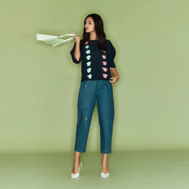 【ICHE 衣哲】Cop.Copine法式設計3D立體抓摺五分袖印花造型上衣(兩色)