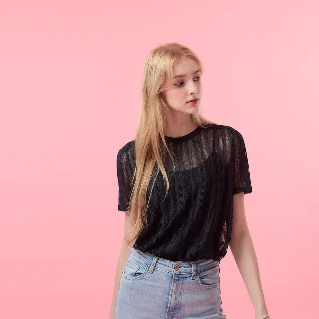 【ICHE 衣哲】Copine法式微甜微性感不規則直條紋透視針織造型上衣