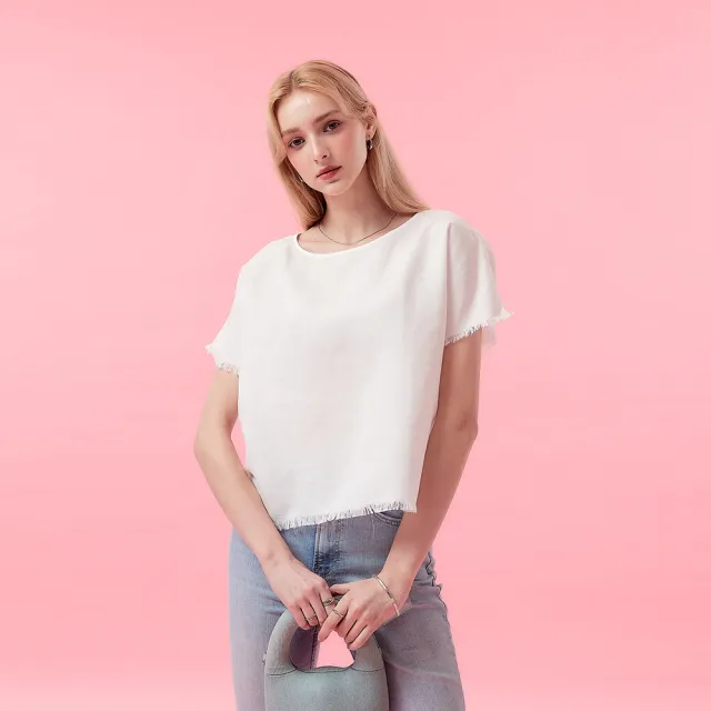 【ICHE 衣哲】Cop.Copine 法國原裝進口法式背後開衩雕花微鬆剪裁流蘇上衣