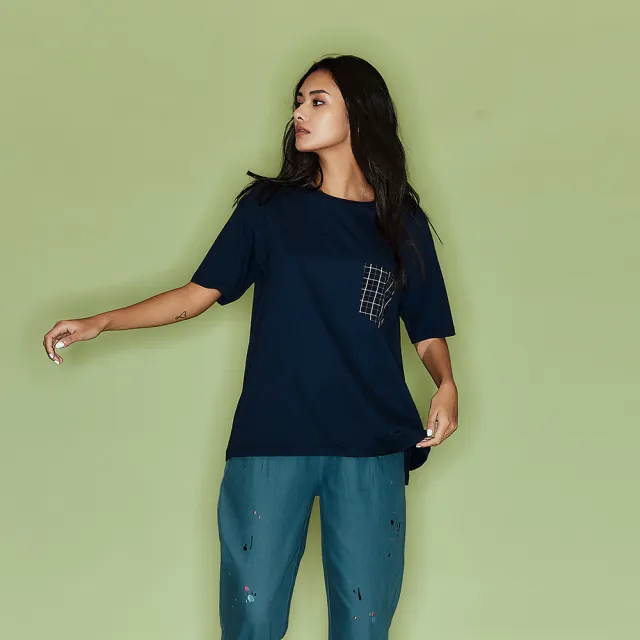 【ICHE 衣哲】Cop.Copine法式設計格紋印花拼接五分袖造型上衣-S