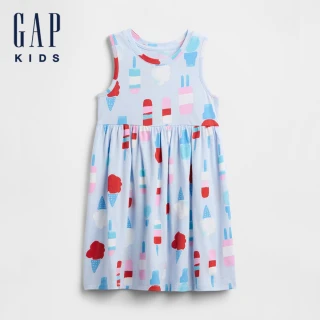 【GAP】女幼童裝 純棉印花圓領無袖洋裝-淺藍色(767850)