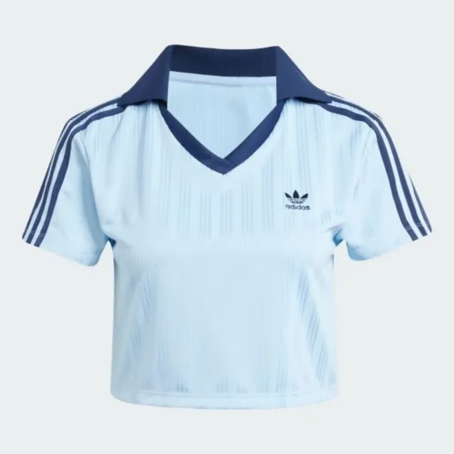 【adidas 愛迪達】V-neck Polo 女 Polo衫 短版 運動上衣 休閒短袖 水藍 深藍 亞版(JD5864)