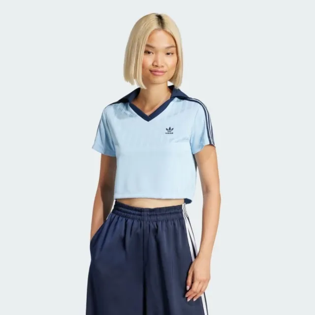 【adidas 愛迪達】V-neck Polo 女 Polo衫 短版 運動上衣 休閒短袖 水藍 深藍 亞版(JD5864)