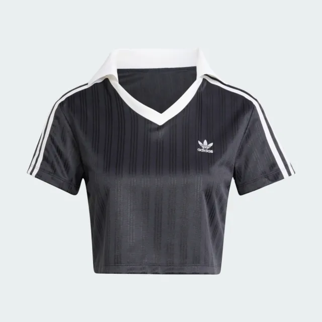 【adidas 愛迪達】V-neck Polo 女 Polo衫 短版 運動上衣 休閒短袖 黑 白 亞版(JD2606)