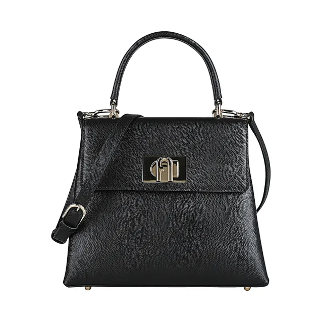 【FURLA 芙拉】FURLA 1927 金屬拱門LOGO設計荔枝紋牛皮旋釦式手提斜背包(小/黑)