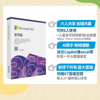 【Microsoft 微軟】Microsoft 365 家用版 一年訂閱 盒裝 (軟體拆封後無法退換貨)