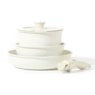 【CAROTE】麥飯石不沾鍋三鍋五件組-可拆卸手把/平底鍋20cm/煎炒鍋26cm/奶鍋18cm附蓋(IH、電磁爐適用)