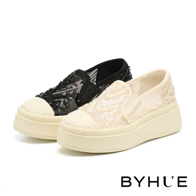 【BYHUE】率性質感縫珠網布厚底休閒鞋(米白)