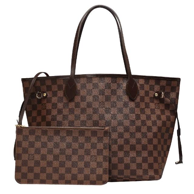 全新 LOUIS VUITTON 路易威登 N40599 經典 NEVERFULL MM 肩揹包，採用 Damier 帆布與牛皮製成，紅色系與咖啡色系可選。配有原廠防塵套與拉鍊收納包，尺寸為長47cm、寬17cm、高30cm，提把垂直至包身19cm。內層有1個布面內袋，適合日常使用，法國製造，適合女性。