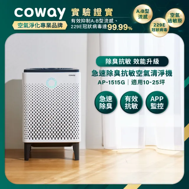 【Coway】【抑制流感】10-25坪 急速除臭抗敏空氣清淨機 APP智能遠端遙控 AP-1515G
