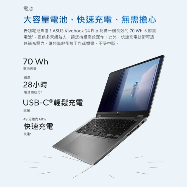 【ASUS 華碩】14吋Ultra7翻轉觸控AI筆電(Vivobook 14 Flip TP3407SA/Ultra 7-258V/32G/1TB SSD/W11/OLED)