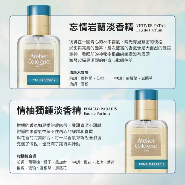 【Atelier Cologne】淡香精 30ml 多款任選(國際航空版/無極烏龍/赤霞橘光/情柚獨鍾/忘情岩蘭/加州盛夏)